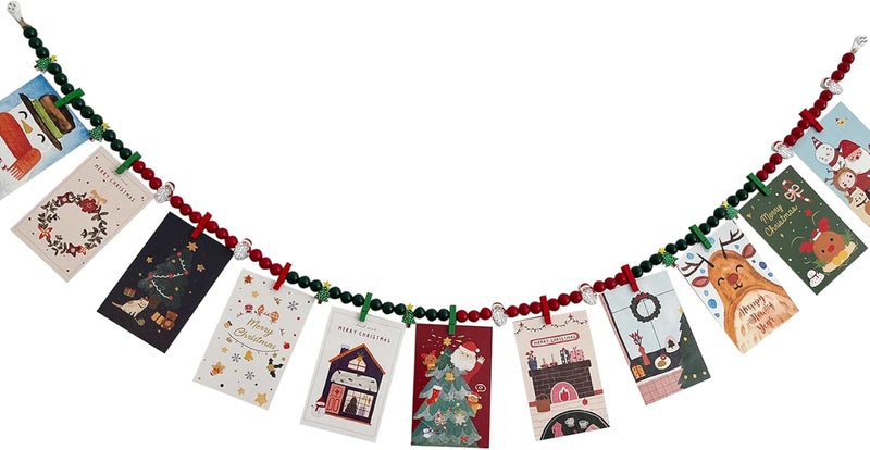 Kintyno Christmas Hanging Photo Display with 11 Clips, Wooden Beaded Christmas Tree Santa Wreath, Boho Collage Photo Frame Decoration for Dorm Room, Classroom, Bedroom - Image 1